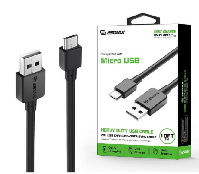 CABLE ANDROID MICRO USB 10FT PLASTIC ESOULK (BLACK)