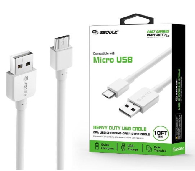 CABLE ANDROID MICRO USB 10FT PLASTIC ESOULK (WHITE)