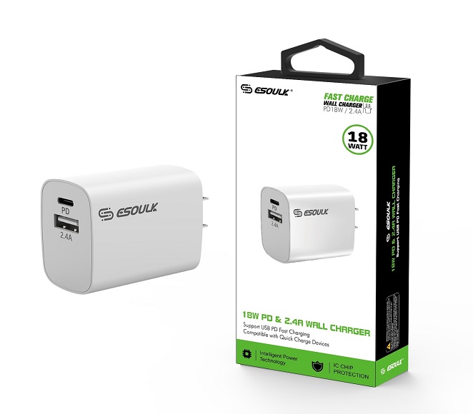 HOME ADAPTER DUAL USB 18W PD & 2.4A ESOULK WHITE