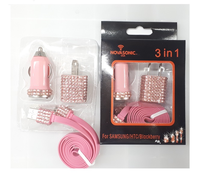 3 in 1 Home and Car Charger with Micro USB Cable (Diamond Pink)