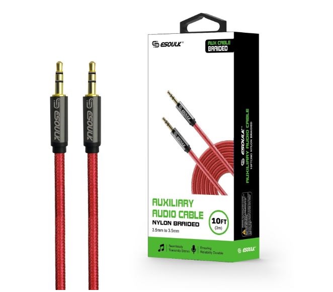AUXILIARY AUDIO CABLE 10FT 3.5MM PLUG NYLON FABRIC ESOULK RED